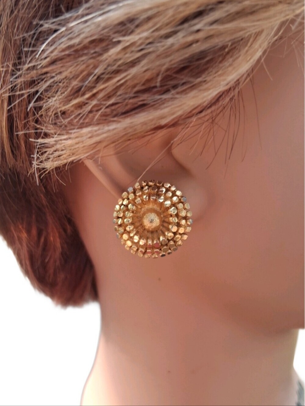 Vintage BSK Signed Gold Tone Textured Burst Sunburst Button Clip On Earrings